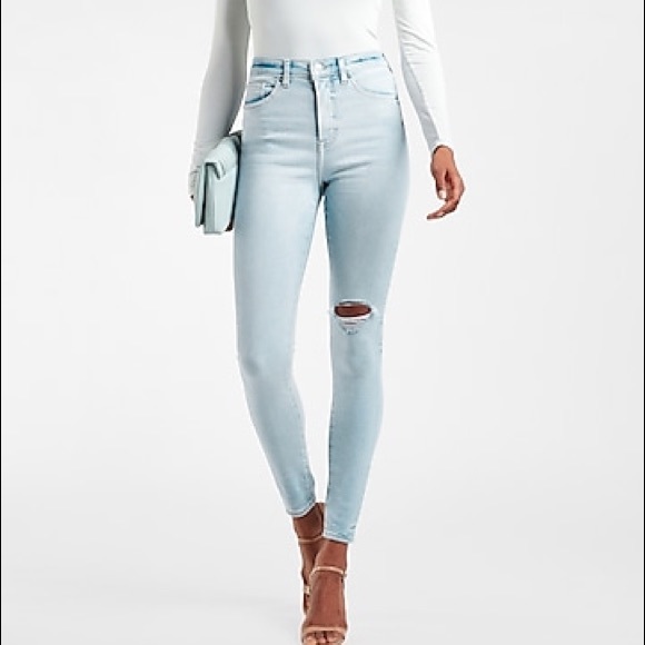 Express Light Wash Distressed Super High Rise Skinny Jeans 6L tall